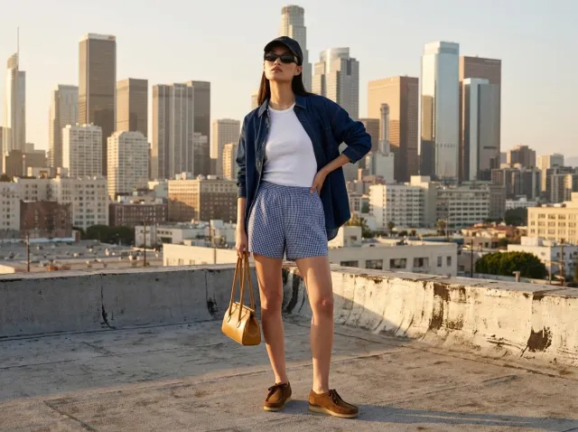 AI product photoshoot of a fashion product on a model, Rooftop City