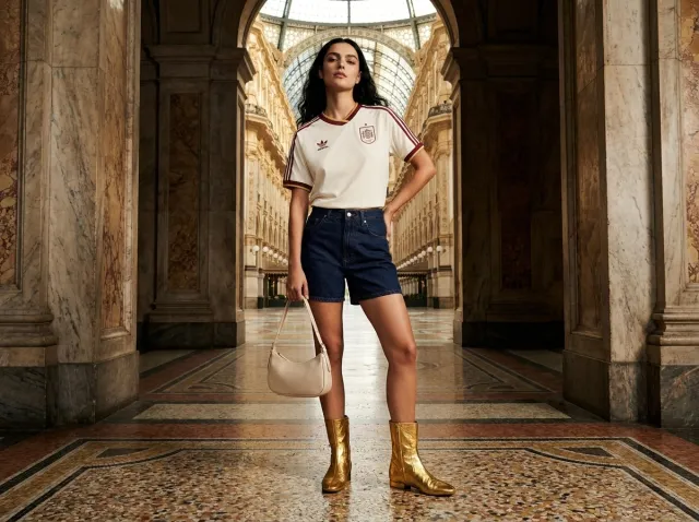 AI product photoshoot of a fashion product on a model, Milan Arcade
