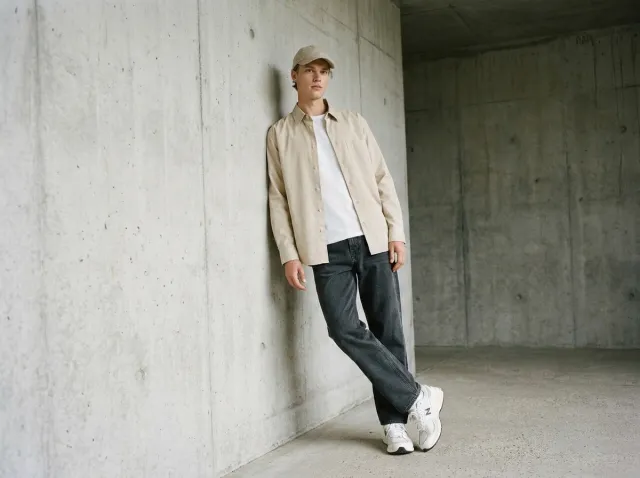 AI product photoshoot of a fashion product on a model, Brutalist